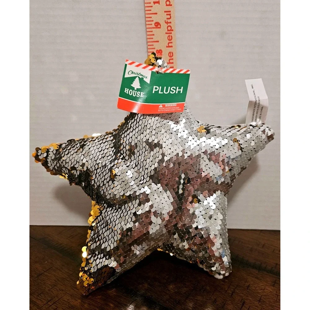 Christmas House Flip Sequin Plush Set Tree and Star Green Gold Silver New